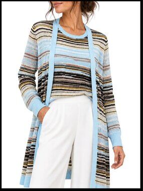 White House Black Market Cardigan Cami Set Light Blue Striped Pointelle M L